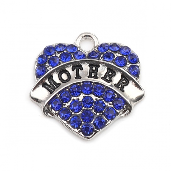 Picture of Zinc Based Alloy Charms Heart Silver Tone Black Message " Mother " Blue Rhinestone 20mm x 20mm, 2 PCs