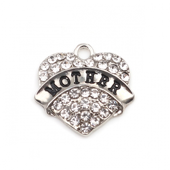Picture of Zinc Based Alloy Charms Heart Silver Tone Black Message " Mother " Clear Rhinestone 20mm x 20mm, 2 PCs