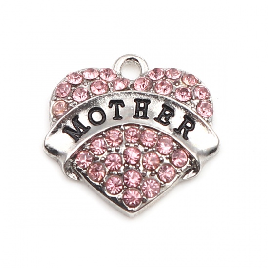 Picture of Zinc Based Alloy Charms Heart Silver Tone Black Message " Mother " Pink Rhinestone 20mm x 20mm, 2 PCs