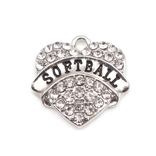 Picture of Zinc Based Alloy Charms Heart Silver Tone Black Message " SOFTBALL " Clear Rhinestone 20mm x 20mm, 2 PCs