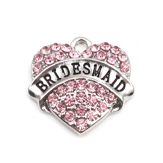 Picture of Zinc Based Alloy Charms Heart Silver Tone Black Message " Bridesmaid " Pink Rhinestone 20mm x 20mm, 2 PCs
