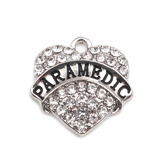 Picture of Zinc Based Alloy Charms Heart Silver Tone Black Message " PARAMEDIC " Clear Rhinestone 20mm x 20mm, 2 PCs