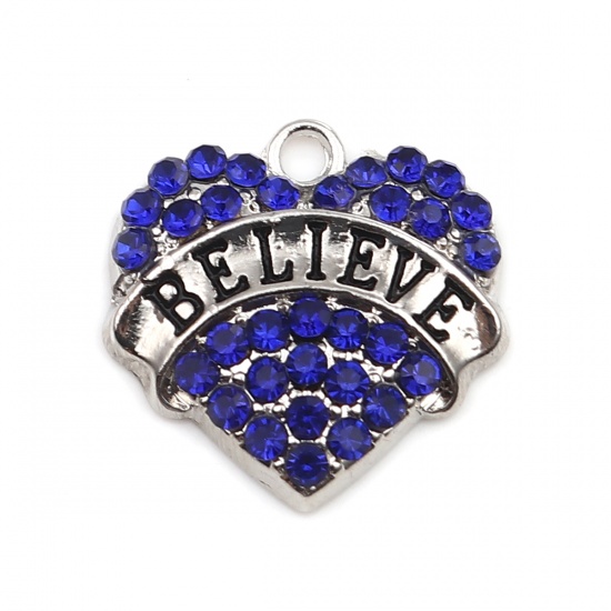 Picture of Zinc Based Alloy Charms Heart Silver Tone Black Message " Believe " Blue Rhinestone 20mm x 20mm, 2 PCs
