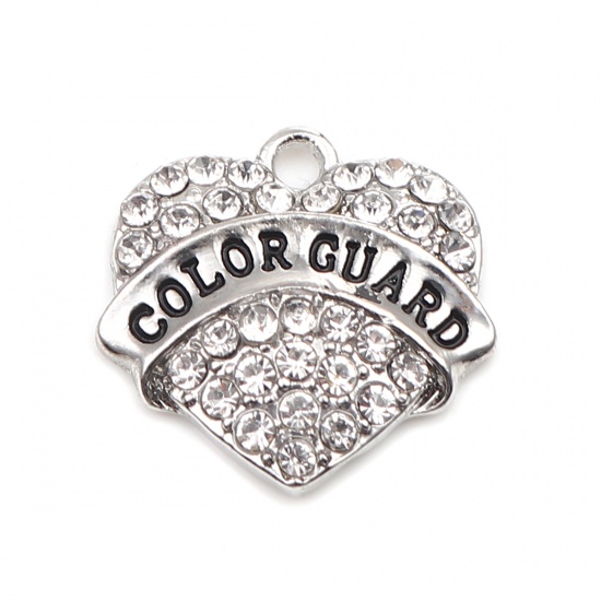 Picture of Zinc Based Alloy Charms Heart Silver Tone Black Message " COLOR GUARD " Clear Rhinestone 20mm x 20mm, 2 PCs