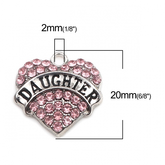 Picture of Zinc Based Alloy Charms Heart Silver Tone Black Message " Daughter " Pink Rhinestone 20mm x 20mm, 2 PCs