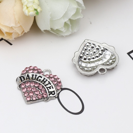 Picture of Zinc Based Alloy Charms Heart Silver Tone Black Message " Daughter " Pink Rhinestone 20mm x 20mm, 2 PCs