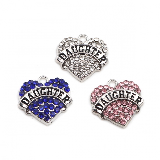 Picture of Zinc Based Alloy Charms Heart Silver Tone Black Message " Daughter " Pink Rhinestone 20mm x 20mm, 2 PCs