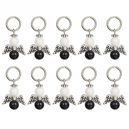 Picture of Zinc Based Alloy Knitting Stitch Markers Angel Antique Silver Color Black & White 35mm x 19mm, 10 PCs