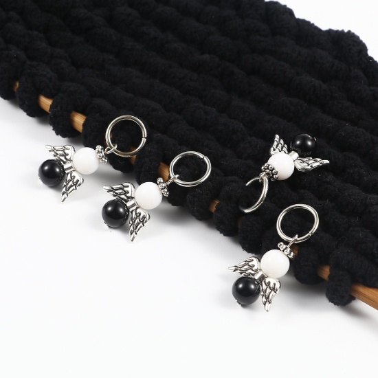 Picture of Zinc Based Alloy Knitting Stitch Markers Angel Antique Silver Color Black & White 35mm x 19mm, 10 PCs