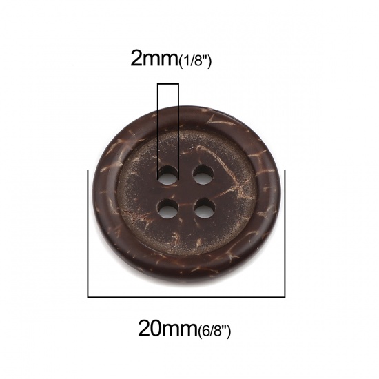 ココナッツの殻 縫製ボタン スクラップブック用 4つ穴 円形 ダークコーヒー 20mm 直径、 50 個 の画像