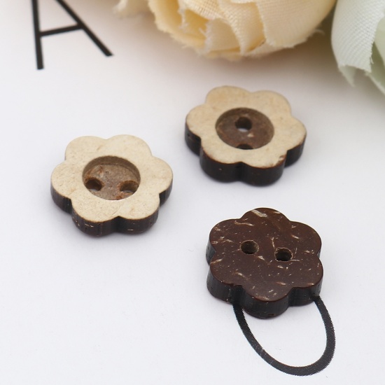 Picture of Coconut Shell Sewing Buttons Scrapbooking Two Holes Flower Natural 12mm x 11mm, 50 PCs