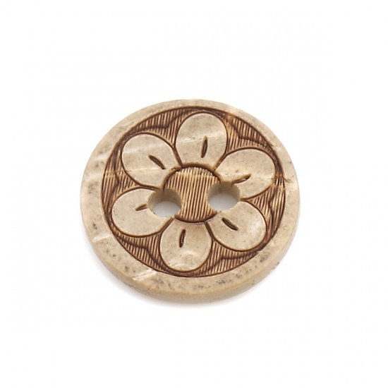 Picture of Coconut Shell Sewing Buttons Scrapbooking Two Holes Round Natural Flower Pattern 13mm Dia, 50 PCs
