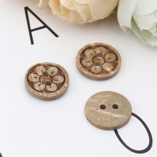 Picture of Coconut Shell Sewing Buttons Scrapbooking Two Holes Round Natural Flower Pattern 13mm Dia, 50 PCs