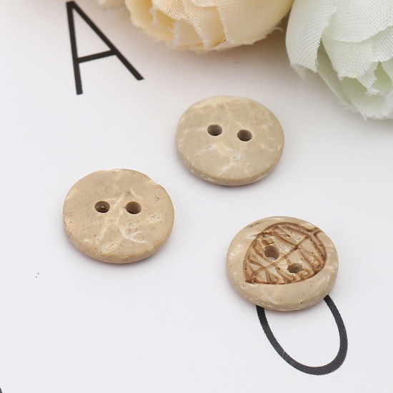 Picture of Coconut Shell Sewing Buttons Scrapbooking Two Holes Round Natural Leaf Pattern 13mm Dia, 50 PCs