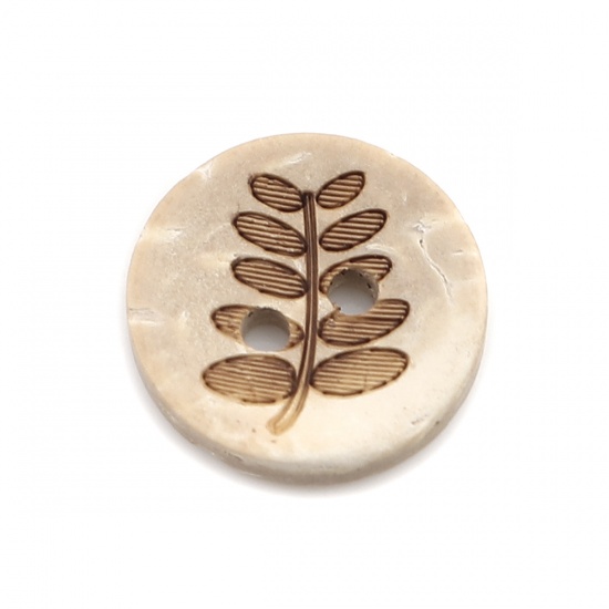 ココナッツの殻 縫製ボタン スクラップブック用 2つ穴 円形 ナチュラル 葉 13mm 直径、 50 個 の画像