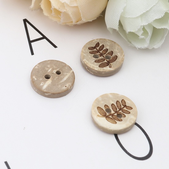 Picture of Coconut Shell Sewing Buttons Scrapbooking Two Holes Round Natural Leaf Pattern 13mm Dia, 50 PCs