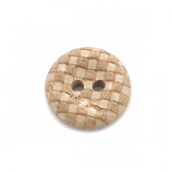 Picture of Coconut Shell Sewing Buttons Scrapbooking Two Holes Round Natural Grid Checker Pattern 13mm Dia, 50 PCs