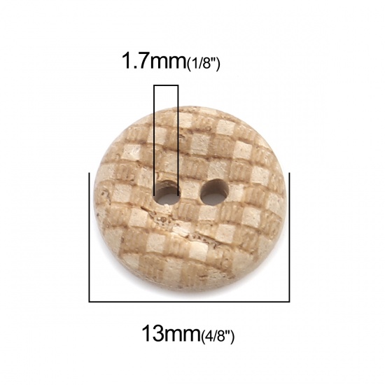Picture of Coconut Shell Sewing Buttons Scrapbooking Two Holes Round Natural Grid Checker Pattern 13mm Dia, 50 PCs