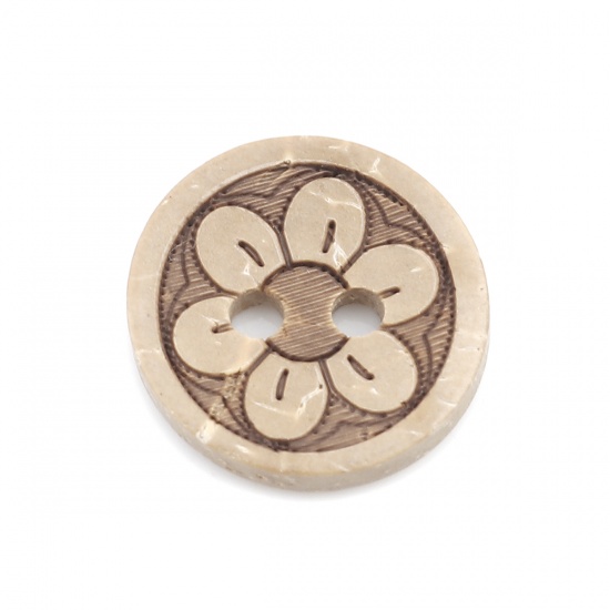 Picture of Coconut Shell Sewing Buttons Scrapbooking Two Holes Round Natural Flower Pattern 15mm Dia, 50 PCs