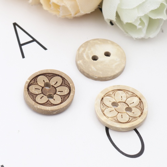 Picture of Coconut Shell Sewing Buttons Scrapbooking Two Holes Round Natural Flower Pattern 15mm Dia, 50 PCs