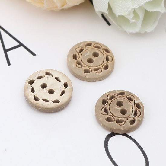 Picture of Coconut Shell Sewing Buttons Scrapbooking Two Holes Round Natural Filigree Pattern 13mm Dia, 50 PCs