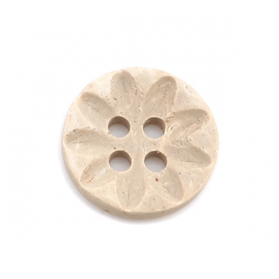 Picture of Coconut Shell Sewing Buttons Scrapbooking 4 Holes Round Natural Flower Pattern 13mm Dia, 50 PCs
