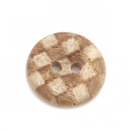 Picture of Coconut Shell Sewing Buttons Scrapbooking Two Holes Round Natural Grid Checker Pattern 15mm Dia, 50 PCs