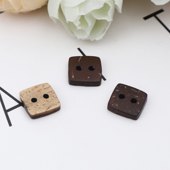 Picture of Coconut Shell Sewing Buttons Scrapbooking Two Holes Square Dark Coffee 10mm x 10mm, 50 PCs