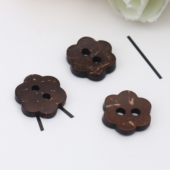 Picture of Coconut Shell Sewing Buttons Scrapbooking Two Holes Flower Dark Coffee 11mm x 11mm, 50 PCs
