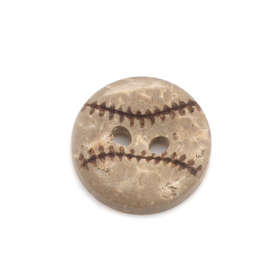 Picture of Coconut Shell Sewing Buttons Scrapbooking Two Holes Round Natural Baseball Pattern 15mm Dia, 50 PCs