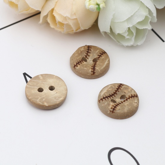 Picture of Coconut Shell Sewing Buttons Scrapbooking Two Holes Round Natural Baseball Pattern 15mm Dia, 50 PCs