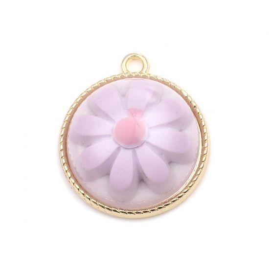 Picture of Zinc Based Alloy Charms Round Gold Plated Mauve Daisy Flower 25mm x 22mm, 5 PCs