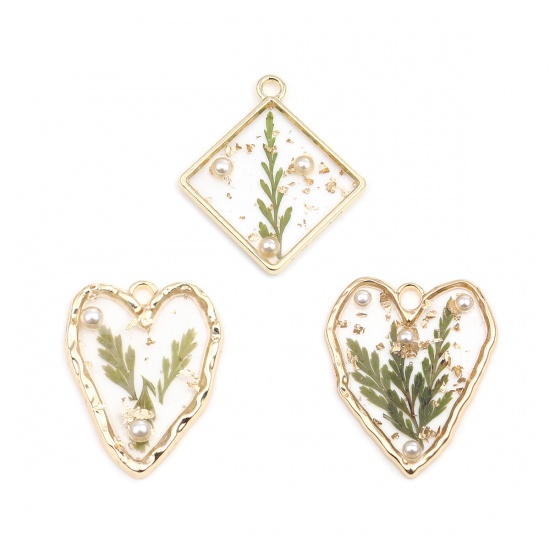Picture of Zinc Based Alloy Handmade Resin Jewelry Real Flower Charms Heart Gold Plated White & Green Leaf Imitation Pearl 27mm x 21mm, 5 PCs