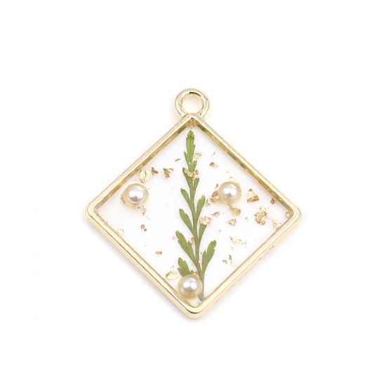 Picture of Zinc Based Alloy Handmade Resin Jewelry Real Flower Charms Rhombus Gold Plated White & Green Leaf Imitation Pearl 31mm x 28mm, 5 PCs