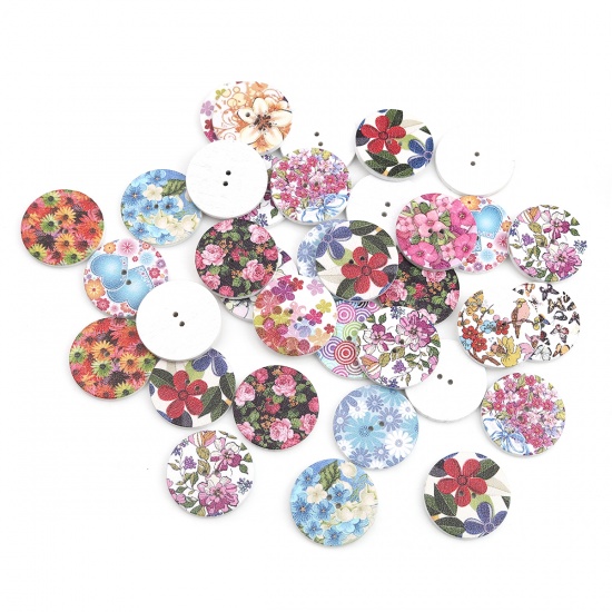 ウッド 縫製ボタン 2つ穴 円形 ランダムな色 花柄 25mm 直径、 100 個 の画像