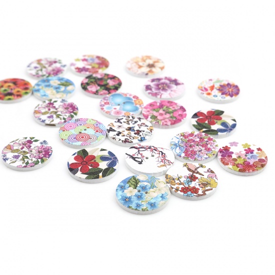 Picture of Natural Wood Sewing Buttons Scrapbooking Two Holes Round At Random Mixed Flower 25mm Dia., 100 PCs