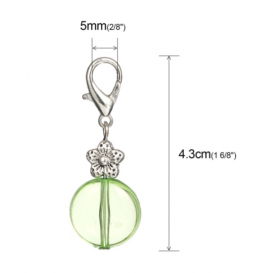 Picture of Zinc Based Alloy & Resin Knitting Stitch Markers Round Silver Tone Green Flower 43mm x 16mm, 10 PCs
