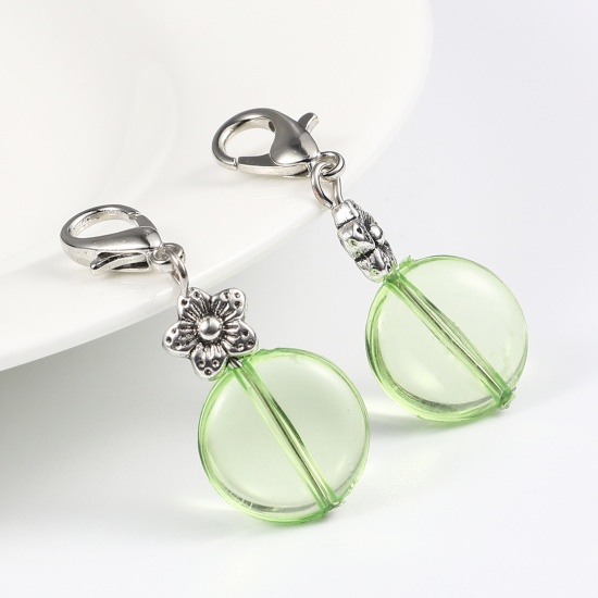 Picture of Zinc Based Alloy & Resin Knitting Stitch Markers Round Silver Tone Green Flower 43mm x 16mm, 10 PCs