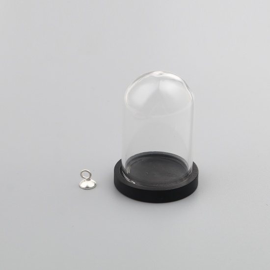ガラス+ウッド 台座付 カボションセッティング台 円形 銀メッキ 黒 ( 25mmに適応) 38mm x 25mm、 30mm直径、 1 セット の画像