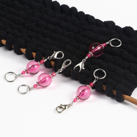 Picture of Zinc Based Alloy & Resin Knitting Stitch Markers Silver Tone Fuchsia 62mm x 14mm, 10 PCs