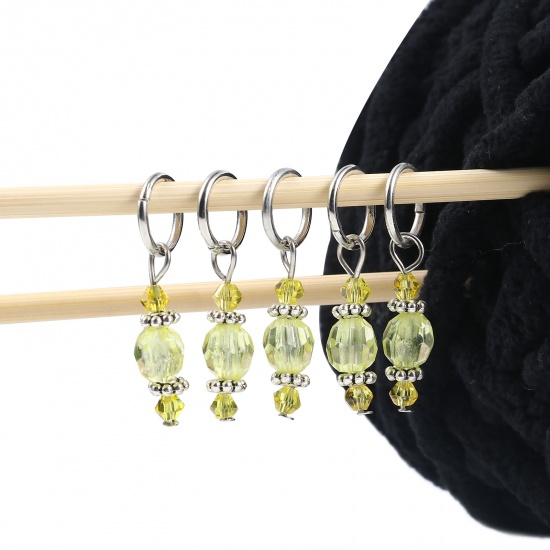Picture of Zinc Based Alloy & Resin Knitting Stitch Markers Silver Tone Yellow 36mm x 12mm, 10 PCs