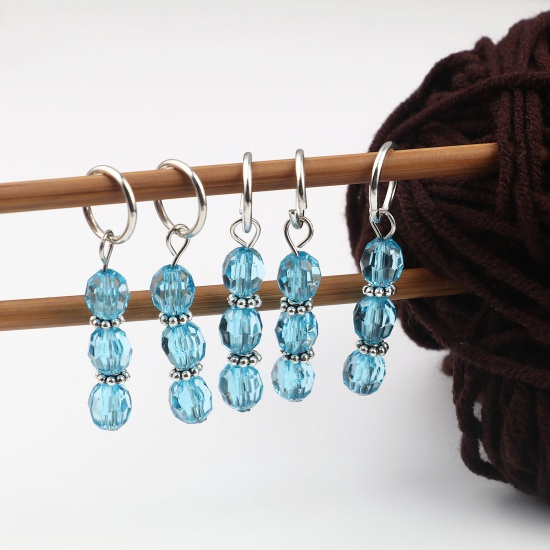 Picture of Zinc Based Alloy & Resin Knitting Stitch Markers Silver Tone Blue 44mm x 12mm, 10 PCs