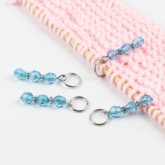Picture of Zinc Based Alloy & Resin Knitting Stitch Markers Silver Tone Blue 44mm x 12mm, 10 PCs