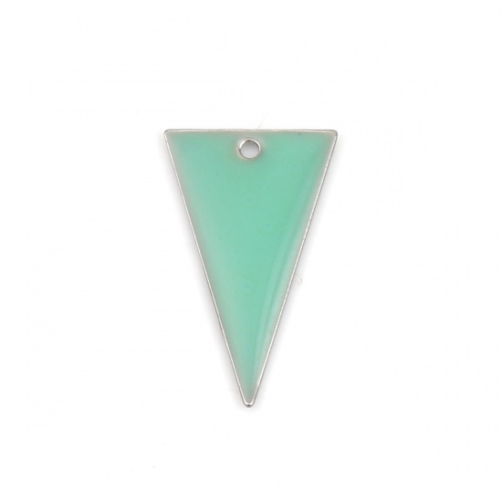 Picture of Brass Enamelled Sequins Charms Silver Tone Light Green Triangle Enamel 22mm x 13mm, 10 PCs                                                                                                                                                                    