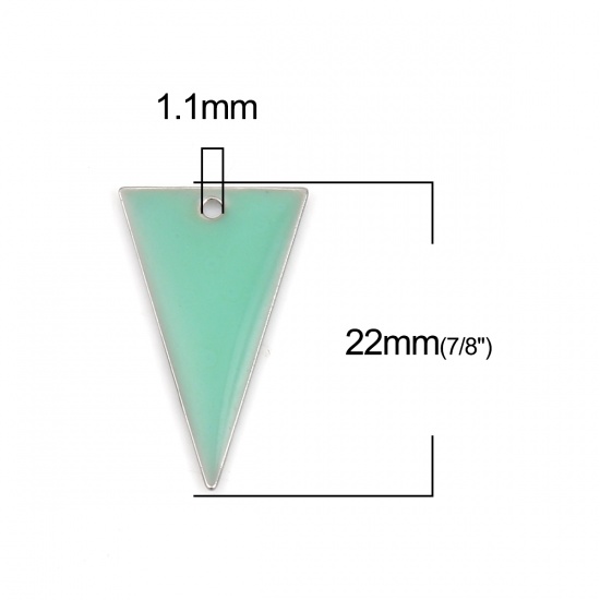 Picture of Brass Enamelled Sequins Charms Silver Tone Light Green Triangle Enamel 22mm x 13mm, 10 PCs                                                                                                                                                                    