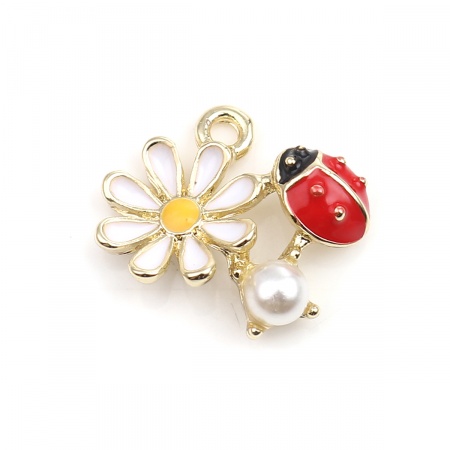 Lega di Zinco Insetto Charms Coccinella Oro Placcato Bianco & Rosso Fiore Margherita Perla Imitato Acrilico 17mm x 13mm , 5 Pz