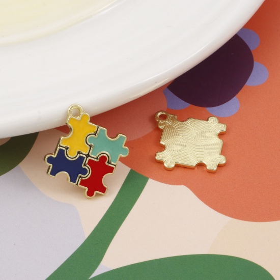 Picture of Zinc Based Alloy Medical Charms Rhombus Gold Plated Multicolor Autism Awareness Jigsaw Puzzle Piece Enamel 24mm x 22mm, 5 PCs