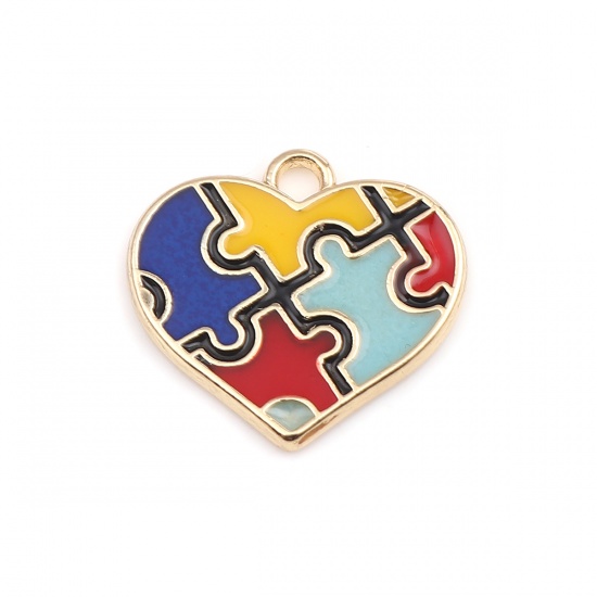 Picture of Zinc Based Alloy Medical Charms Heart Gold Plated Multicolor Autism Awareness Jigsaw Puzzle Piece Enamel 20mm x 19mm, 5 PCs