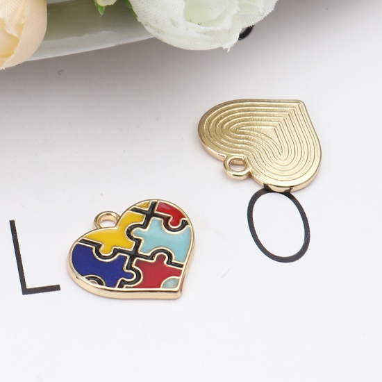 Picture of Zinc Based Alloy Medical Charms Heart Gold Plated Multicolor Autism Awareness Jigsaw Puzzle Piece Enamel 20mm x 19mm, 5 PCs