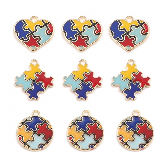 Picture of Zinc Based Alloy Medical Charms Heart Gold Plated Multicolor Autism Awareness Jigsaw Puzzle Piece Enamel 20mm x 19mm, 5 PCs